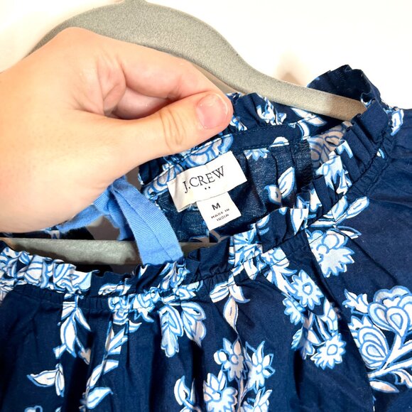 J. Crew Blue Floral Tie Back Ruffle Neck Preppy Old Money Cotton Top Size Medium - Picture 4 of 8